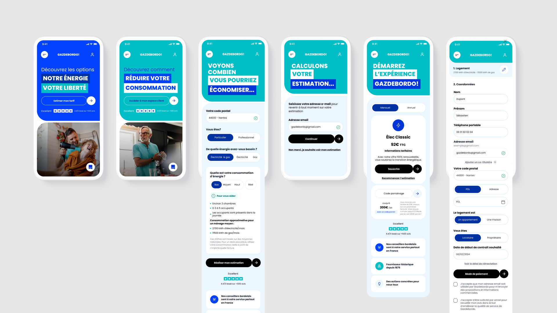 Une interface utilisateur mobile affichant le parcours d'estimation énergétique d'un service nommé "GAZDEBORDO!". Les captures d'écran successives montrent différentes étapes, comme la découverte des options, la réduction de consommation, la saisie de coordonnées, et le calcul d'estimation, le tout avec un design bleu et blanc moderne et des photos de personnes floutées en bas de certaines vues.