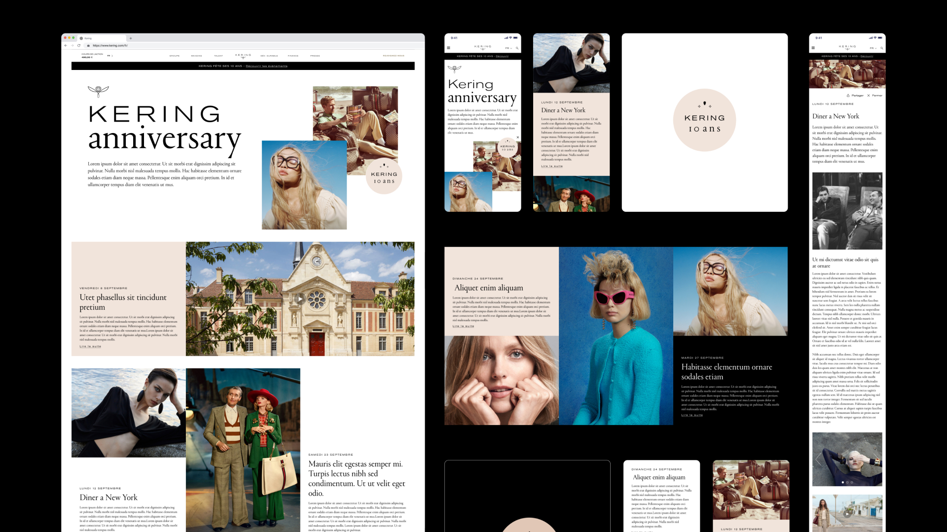 Amelie-Poirier-Designer-Kering-10ans Montage de maquettes d’interface web et mobile conçues pour l’anniversaire des 10 ans du groupe Kering. On y voit différentes vues adaptatives : page d’accueil sur desktop, écrans mobile, extraits visuels variés comprenant photos de mode, portraits, bâtiments emblématiques et compositions graphiques. La direction artistique mêle teintes sobres, fonds clairs, touches de beige, de bleu vif et de rose pâle, ainsi que des typographies élégantes et modernes. L’univers visuel est raffiné et met en valeur l’histoire et l’image haut de gamme de Kering.