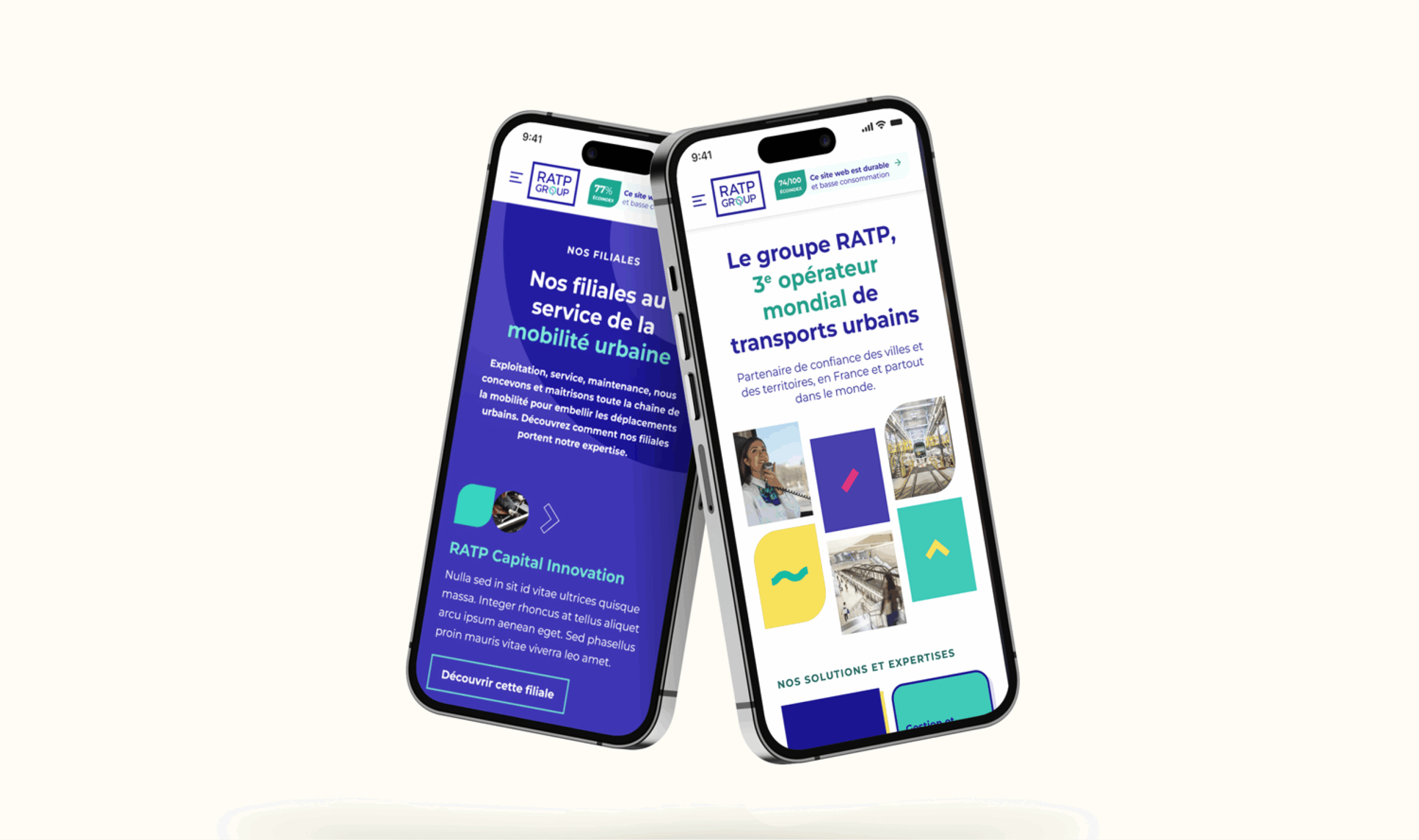 Amelie-Poirier-Ecoconception-RATP Groupe Deux smartphones affichent côte à côte la version mobile du site web du groupe RATP. L’écran de gauche montre une page à fond bleu avec le texte « Nos filiales au service de la mobilité urbaine » et une description des activités d’innovation de RATP Capital Innovation. L’écran de droite affiche une page à fond blanc intitulée « Le groupe RATP, 3e opérateur mondial de transports urbains » accompagnée de blocs colorés, de photos et d’icônes illustrant les solutions et expertises du groupe. Les deux écrans illustrent un design moderne, coloré, et accessible.