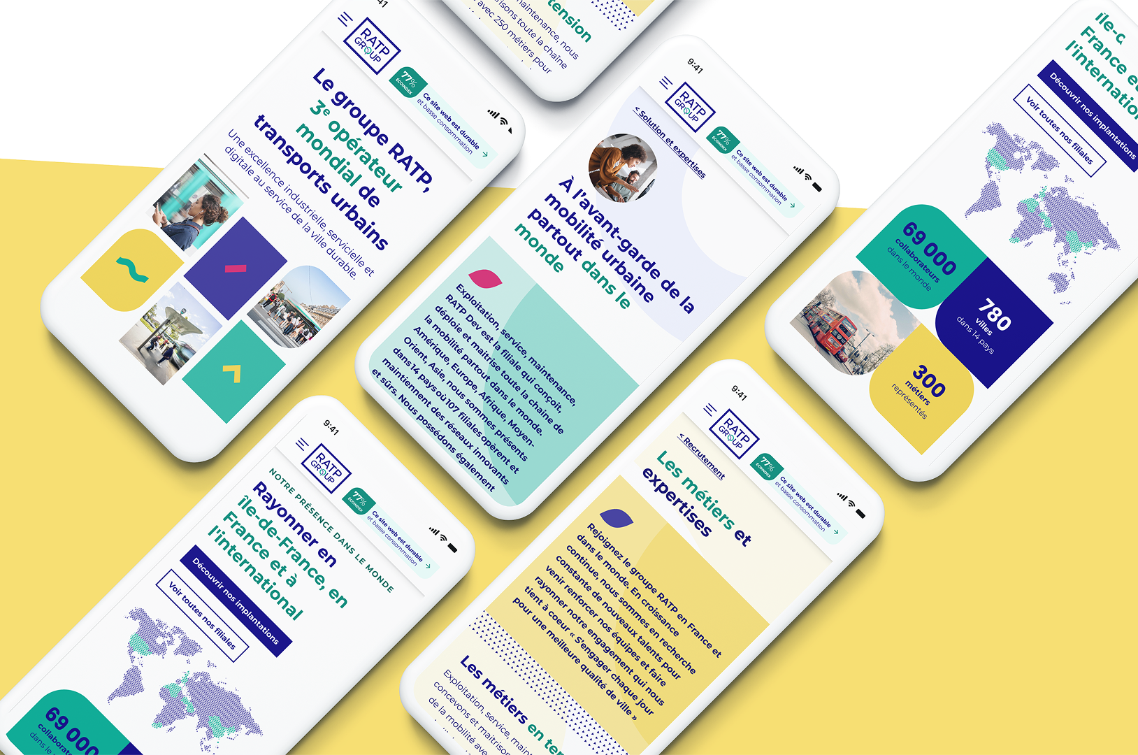 Amelie-Poirier-Ecoconception-RATP Plusieurs écrans mobiles présentent la version mobile d’un site web pour le groupe RATP, avec une mise en page colorée et moderne. Les écrans mettent en avant des titres comme « Le groupe RATP, 3e opérateur mondial de transports urbains », des chiffres clés (69 000 collaborateurs, présents dans 78 villes et 13 pays), une carte du monde stylisée, différentes rubriques (« métiers et expertises », « rayonnement en France et à l’international »), ainsi que des visuels et pictogrammes illustrant le domaine des transports urbains. Les visuels sont disposés sur un fond jaune clair.