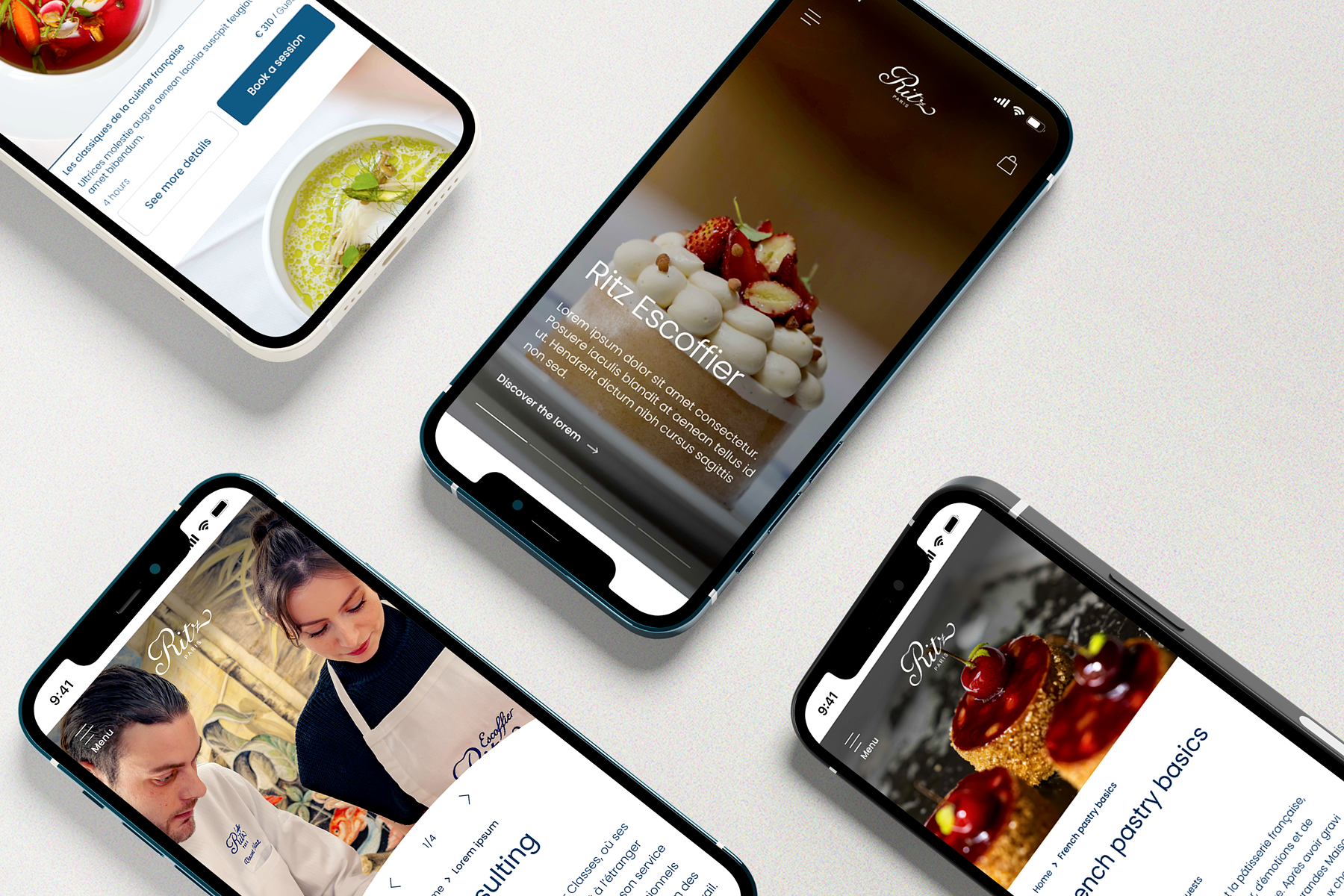 Amelie-Poirier-Ritz Paris Design Quatre smartphones affichent différents écrans mobiles du site ou de l’application Ritz Escoffier Paris, présentés en perspective sur fond clair. Les interfaces mettent en avant de superbes photos culinaires : pâtisserie raffinée en gros plan, assiette gastronomique colorée, chefs en blouse blanche discutant, et tartelettes de pâtisserie françaises. Les écrans alternent entre présentations d’ateliers de cuisine et pâtisserie, informations sur les sessions, séquence de cours, et navigation. Le style visuel est élégant, moderne, lumineux et orienté expérience utilisateur haut de gamme.