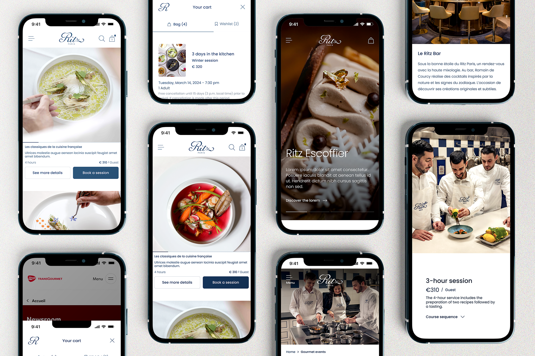 Amelie-Poirier-Ritz Paris Escoffier Montage de huit écrans mobiles illustrant l’expérience utilisateur de l’application ou du site mobile Ritz Escoffier Paris. Les interfaces présentent des visuels culinaires raffinés : assiettes gastronomiques colorées en gros plan, pâtisseries, chefs en cuisine, et ambiance du Ritz. On y retrouve l’offre de cours de cuisine et pâtisserie (ex : session de 3 heures à 310 €), des fiches descriptives de cours, le panier d’achat, et des informations sur le Ritz Bar. L’atmosphère visuelle est élégante, mêlant fonds blancs lumineux, bleu nuit et photos immersives haute qualité, avec une navigation intuitive axée sur la réservation et la découverte des ateliers culinaires du Ritz.