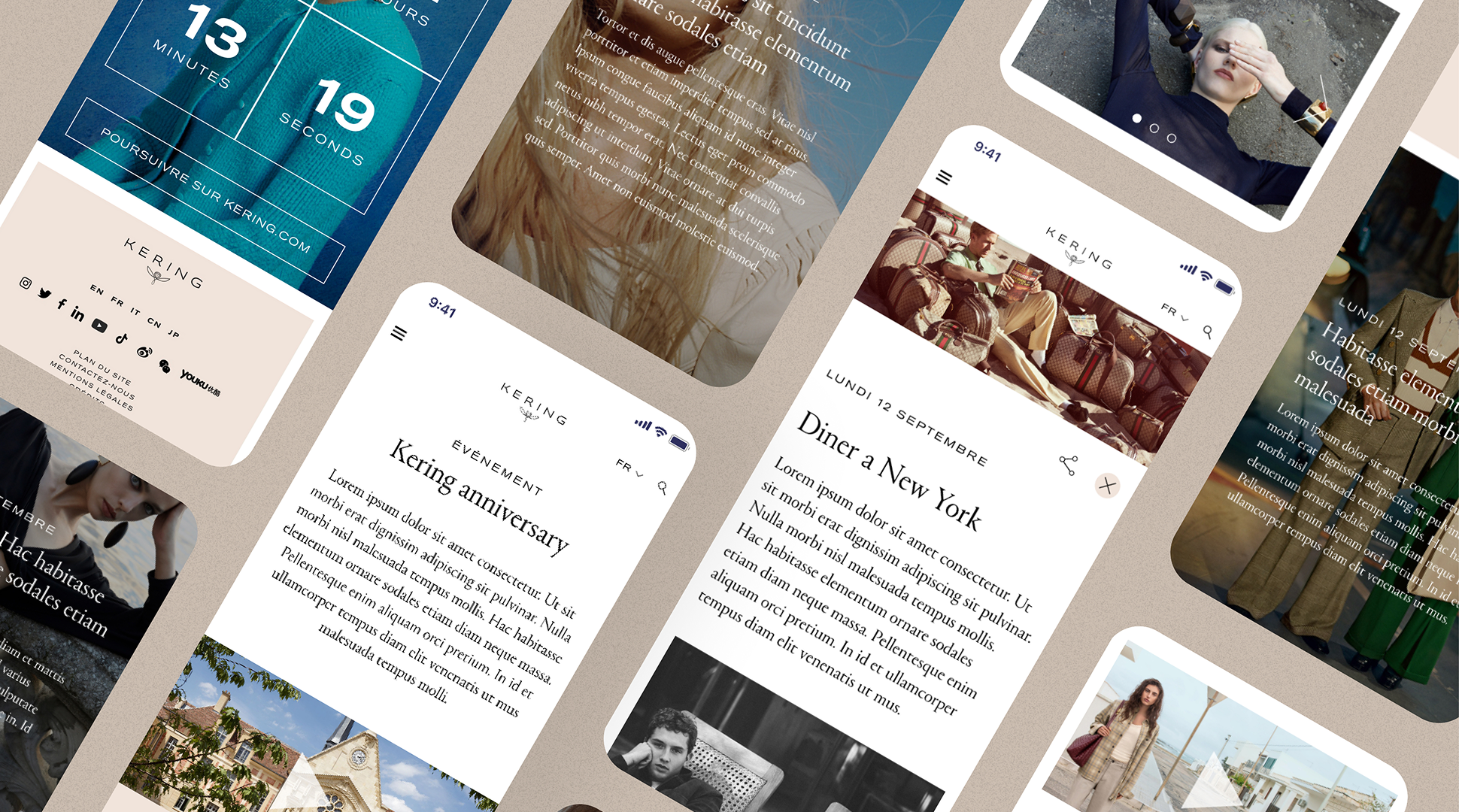 Amelie-poirier-Designer-Kering Ensemble de maquettes mobiles du site anniversaire des 10 ans de Kering, disposées en mosaïque sur fond beige. Chaque écran affiche une section différente : page d’accueil, compte à rebours, articles éditoriaux, galeries photos, portraits de mannequins, photos mode et visuels de sacs de luxe. Le design privilégie les fonds sobres, une typographie élégante et aérée, ainsi que des touches de beige, bleu et noir, conférant à l’ensemble une identité haut de gamme et contemporaine.