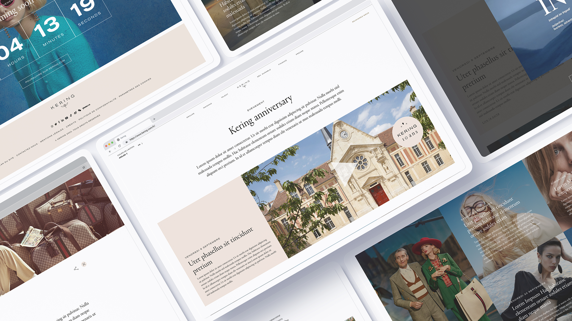 Amelie-poirier-Kering Assemblage de plusieurs écrans de maquettes du site Kering 10 ans, présentés en perspective. L’écran central montre la page d’accueil desktop avec le titre « Kering anniversary », une photo d’un bâtiment historique, des extraits éditoriaux et des modules visuels. Autour, différents écrans affichent des sections du site avec des photographies de mode, des sacs de luxe, des portraits, des comptes à rebours et des articles éditoriaux. Les couleurs dominantes sont le blanc, le beige et des touches de bleu, dans un style élégant et épuré, reflétant l’identité haut de gamme de la marque Kering.