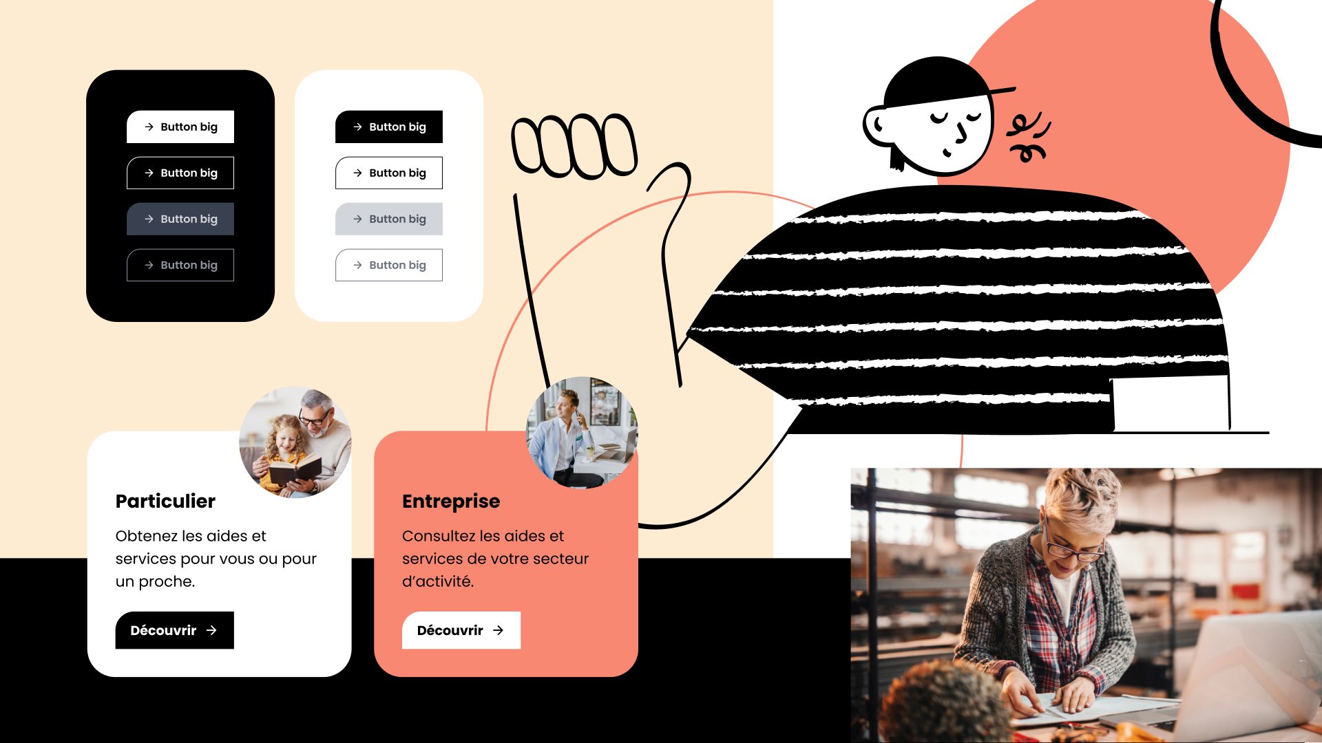 Visuel d’interface d’application mêlant deux blocs de boutons stylisés, une grande illustration abstraite de personnage, deux cartes présentant les accès particuliers et entreprises avec photo, et une photo d’atelier montrant une femme concentrée dans un environnement professionnel.
