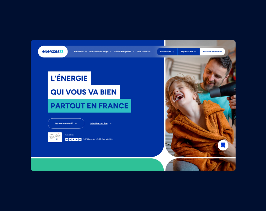 Interface web de Gaz de Bordeaux, fournisseur d’énergie, affichant un message promotionnel : 'L’énergie qui vous va bien, partout en France' sur fond bleu avec boutons pour estimer le tarif et accéder à des liens. À droite, une photo montre une personne enveloppée dans une serviette orangée se faisant sécher les cheveux par un adulte. En bas, une évaluation 'Excellent' avec note de 4,6/5 basée sur plus de 500 avis vérifiés.