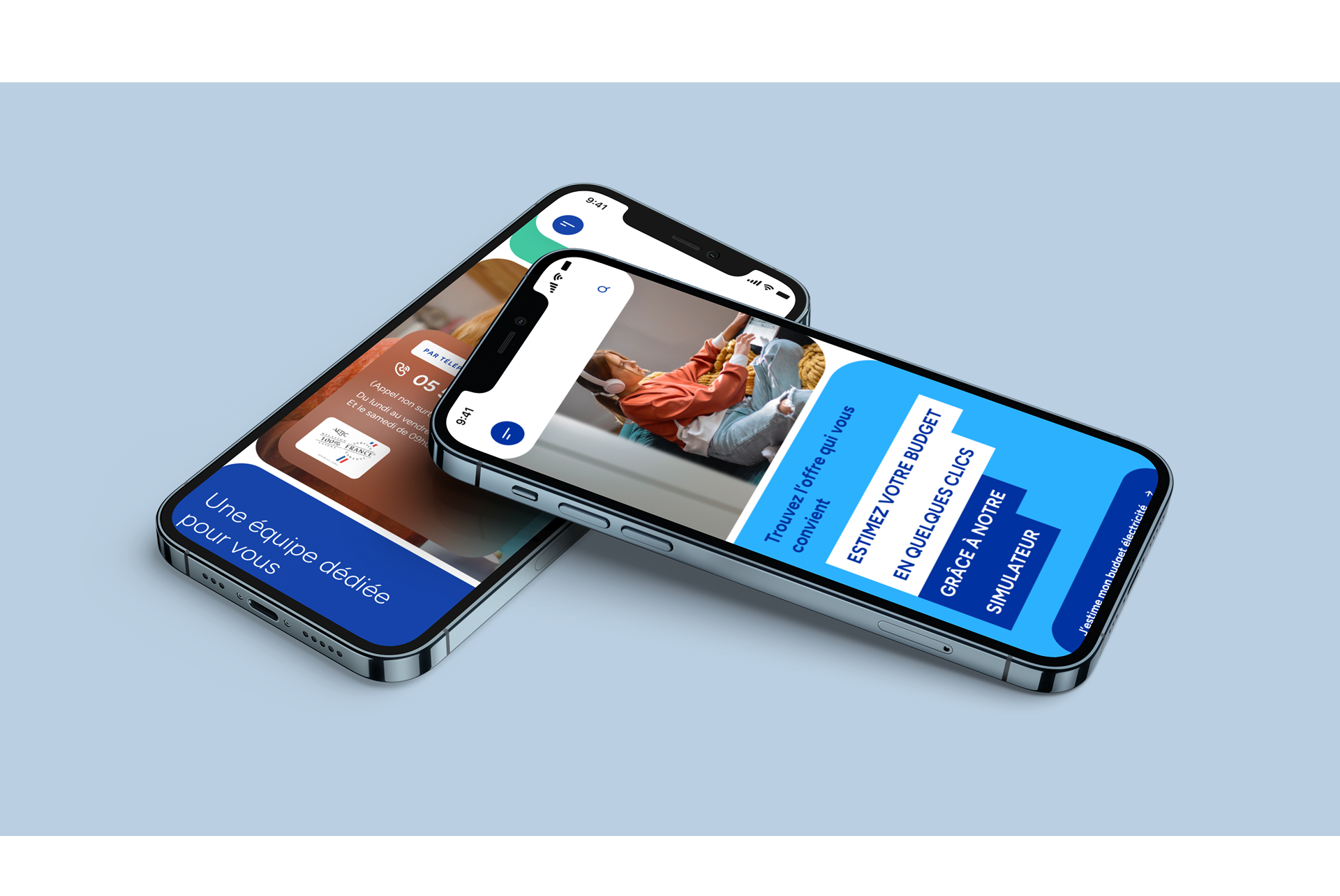 Deux smartphones affichant l’interface mobile d’un site de fournisseur d’énergie, permettant d’estimer son budget et de contacter une équipe dédiée pour des offres d’énergie propre en France.