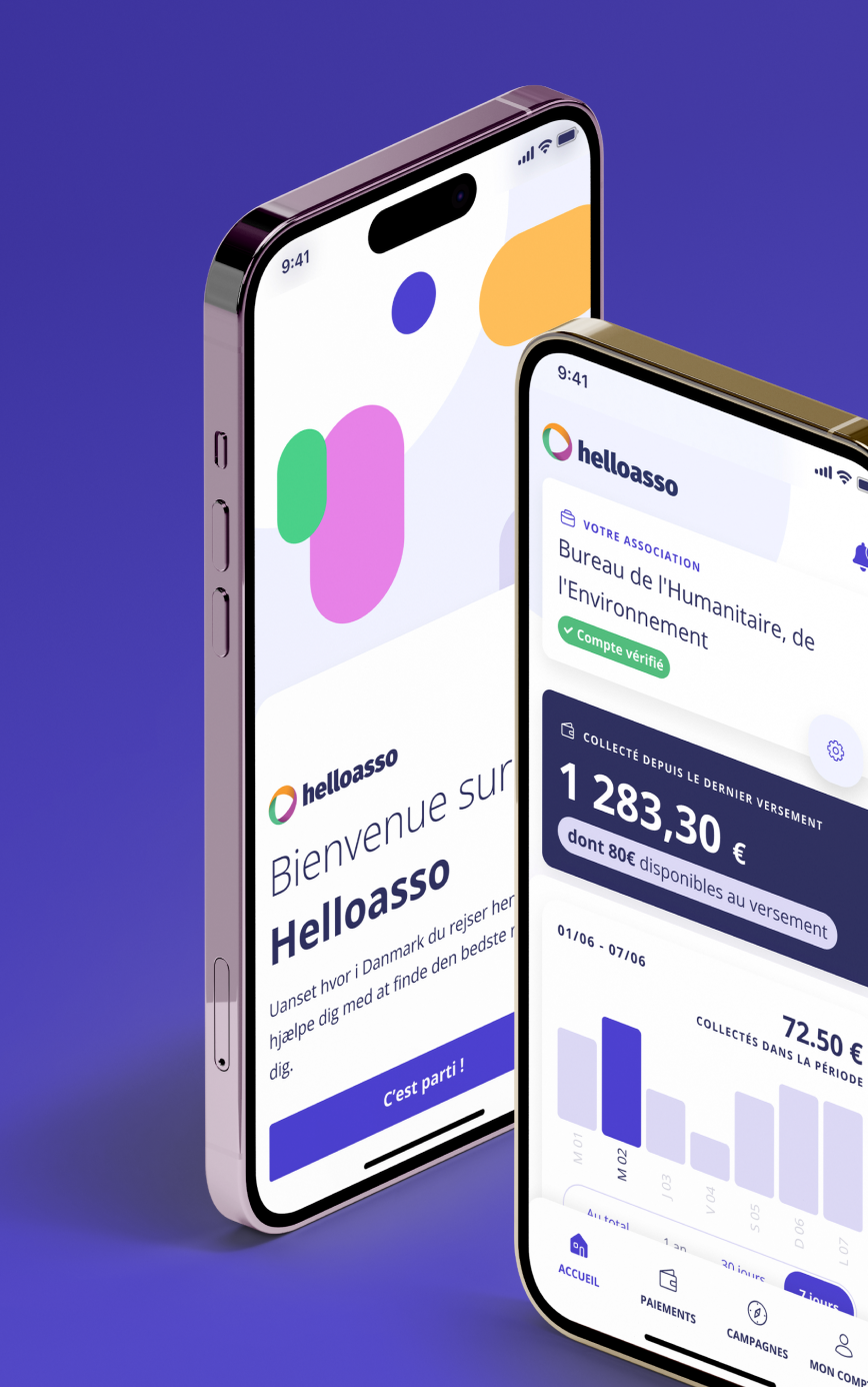 Visuel de deux smartphones affichant l’application Helloasso. L’écran de gauche présente la page de bienvenue avec le logo Helloasso, des formes colorées et le bouton 'C’est parti !'. L’écran de droite montre le tableau de bord d’une association intitulée 'Bureau de l’Humanitaire, de l’Environnement', avec un compte vérifié, le montant collecté (1283,30 € dont 80 € disponibles au versement) et un graphique des collectes pour la période sélectionnée, ainsi que la navigation en bas de l’écran.