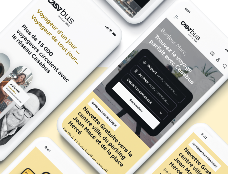 Visuel montrant plusieurs smartphones affichant des écrans du site ou de l’application Casabus. On voit des messages comme 'Voyageur d’un jour, voyageur de tout jour...', une statistique indiquant plus de 15 000 voyageurs quotidiens, des portraits de voyageurs, et une interface de recherche d’itinéraire avec les champs de départ et d’arrivée.