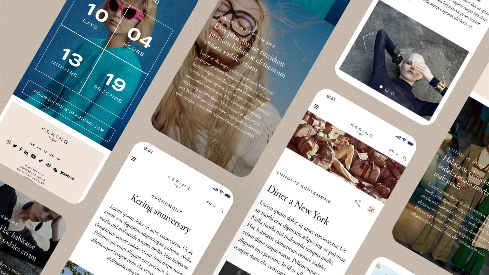 Visuel présentant plusieurs captures d'écran du site du groupe de luxe Kering, disposées en perspective sur fond beige. Les écrans affichent un compte à rebours événementiel, des pages éditoriales avec des visuels mode, un article "Dîner à New York" et une page "Kering Anniversary". Design luxe en typographie serif crème et noir. Réalisation : Amélie Poirier.