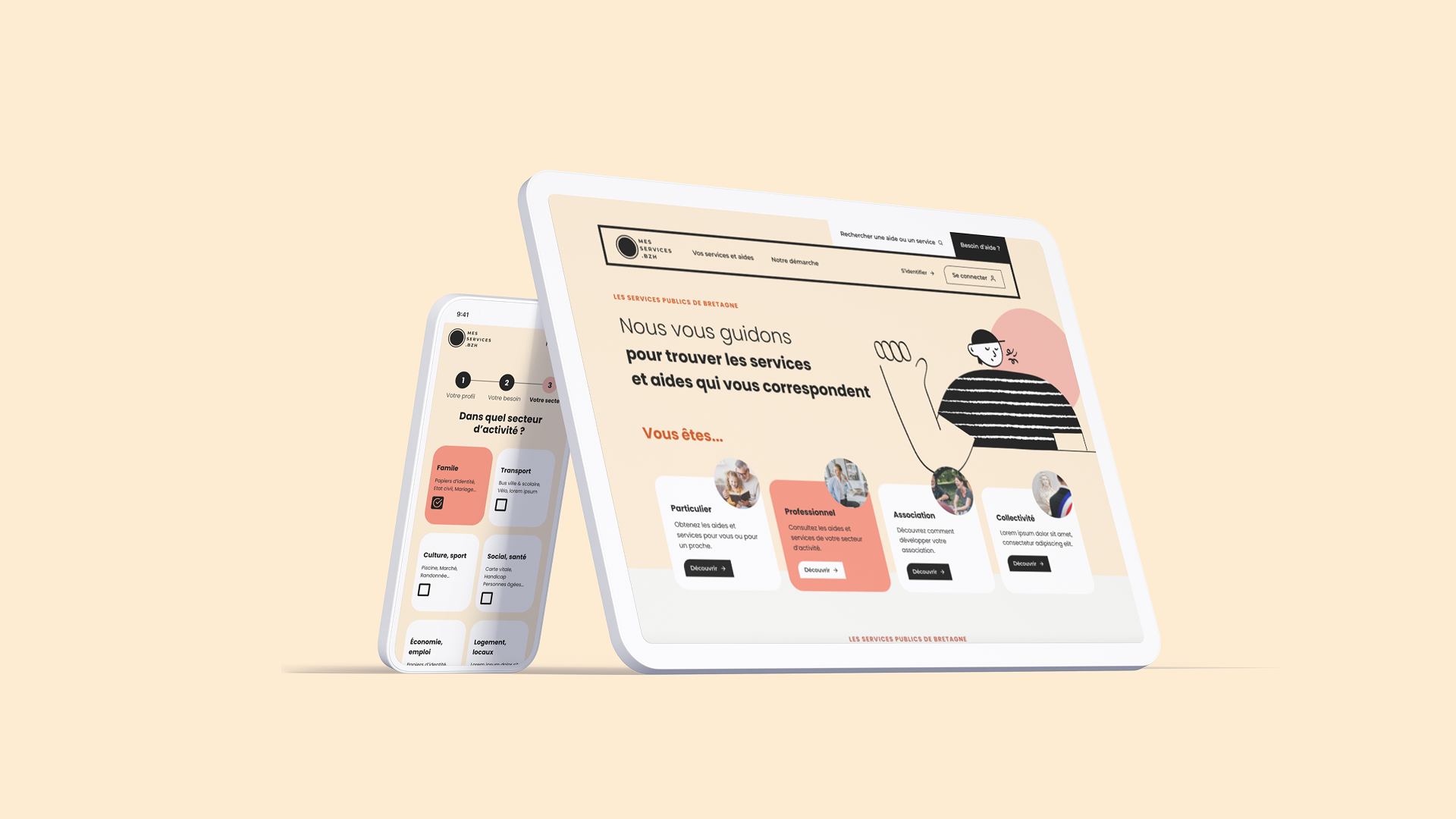 Vue d’ensemble du site public MesServices.BZH sur tablette et mobile, illustrant un parcours utilisateur épuré et inclusif avec des filtres adaptés à différents profils, conçu par Amélie Poirier, UX/UI designer.