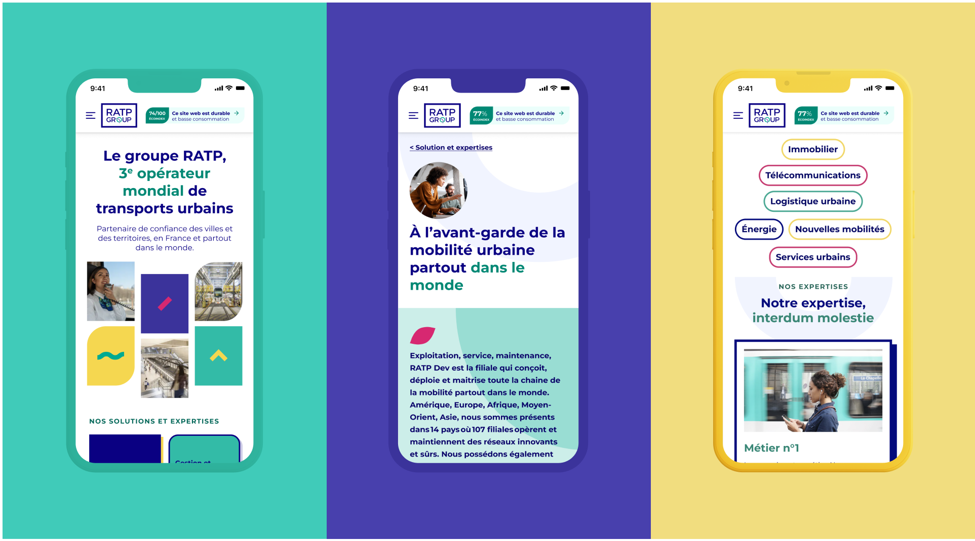 Amélie Poirier : Écoconception mobile et accessibilité pour le site RATP Group Mockups mobiles illustrant l’interface écoconçue du site RATP Group, mettant en avant l’accessibilité, la sobriété numérique et l’offre de mobilité, réalisé par Amélie Poirier.