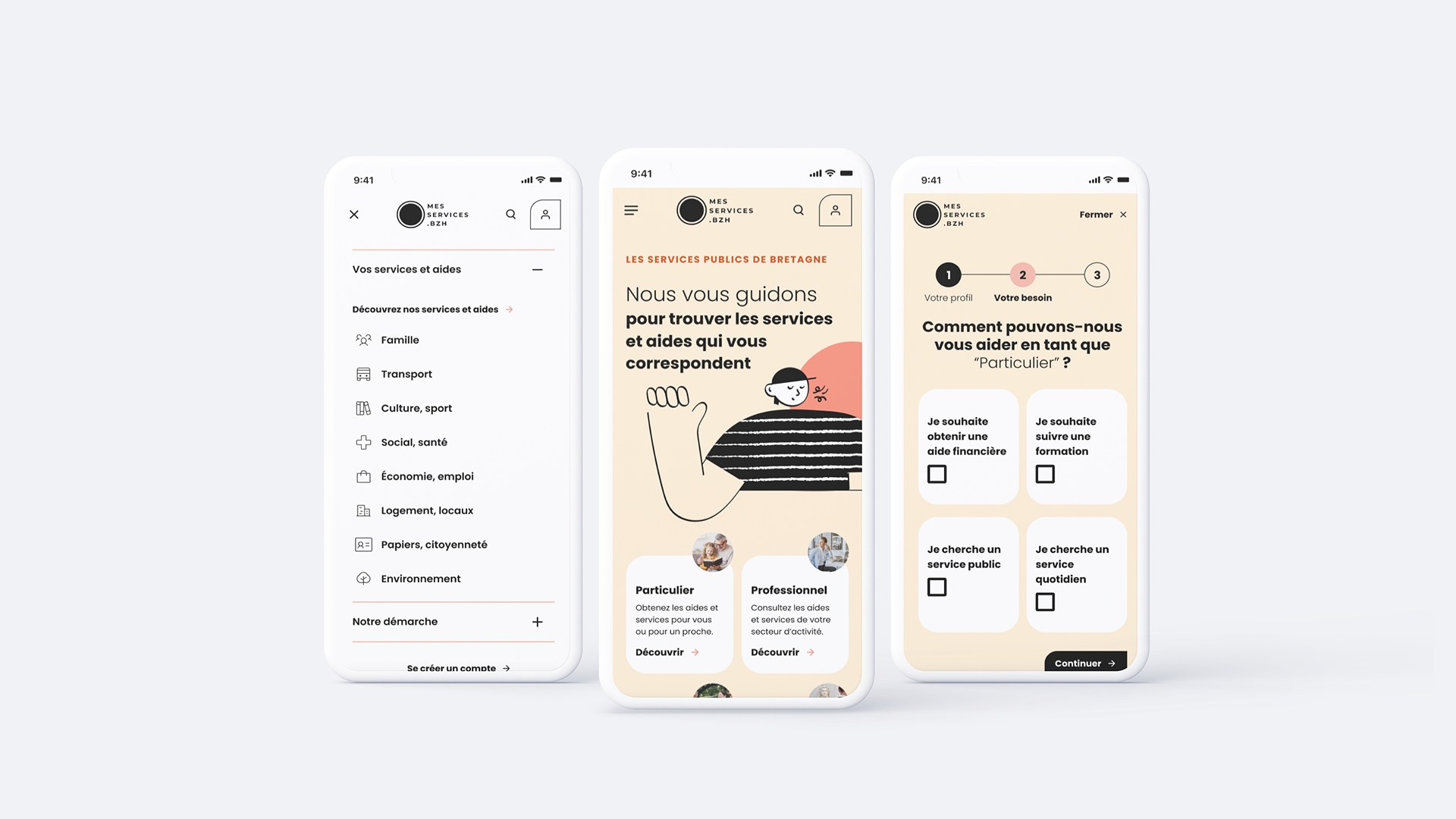 Trois écrans mobile du service public MesServices.BZH conçus par Amélie Poirier, illustrant une navigation intuitive et inclusive pour l’accès aux aides, avec des pictos simples, un design épuré et un parcours utilisateur accessible.