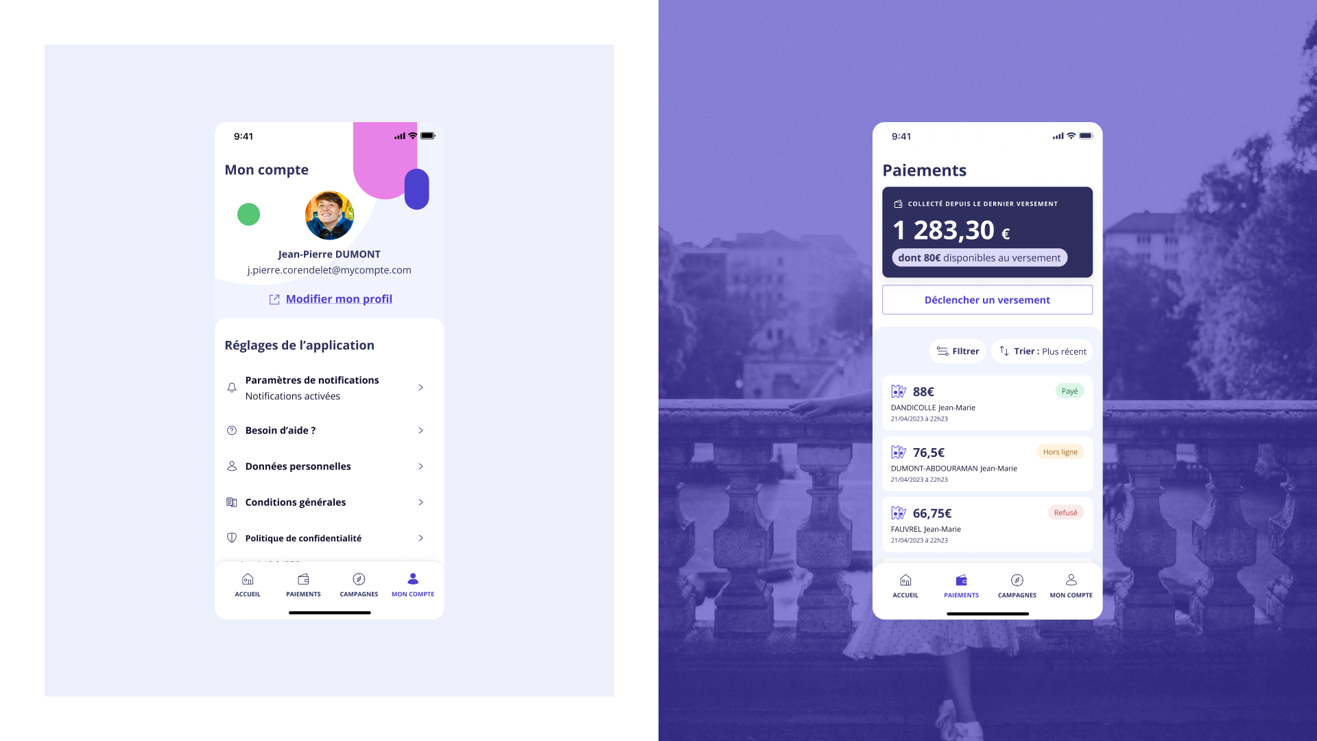 Deux écrans mobiles de l’application HelloAsso affichés côte à côte. À gauche : l’écran « Mon compte » présente la photo de profil, le nom, l’adresse e-mail de l’utilisateur et des raccourcis pour modifier le profil, les paramètres de notifications, aide, données personnelles, conditions générales et politique de confidentialité. À droite : l’écran « Paiements » résume le montant disponible pour versement et affiche la liste des derniers paiements effectués, chacun avec montant, bénéficiaire, date, statut (payé, hors ligne, refusé) et des filtres en haut. Les interfaces mettent en avant une hiérarchie visuelle simple, avec un usage de violet, blanc, touches colorées et une navigation mobile claire.
