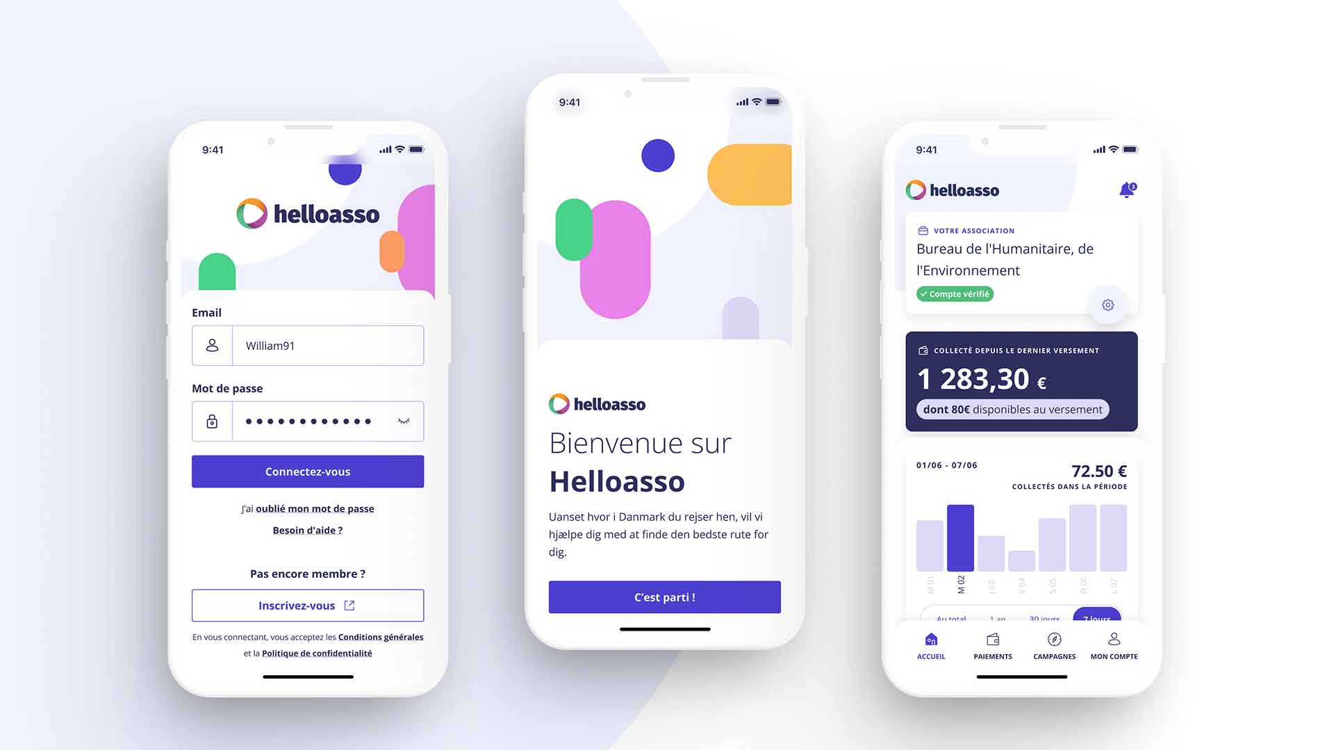 Visuel présentant trois captures d'écran mobile de l'application HelloAsso sur fond bleu lavande. De gauche à droite : la page de connexion avec formulaire email/mot de passe, la page d'onboarding colorée avec message de bienvenue, et le tableau de bord associatif avec montant collecté et graphique de suivi. Réalisation : Amélie Poirier.