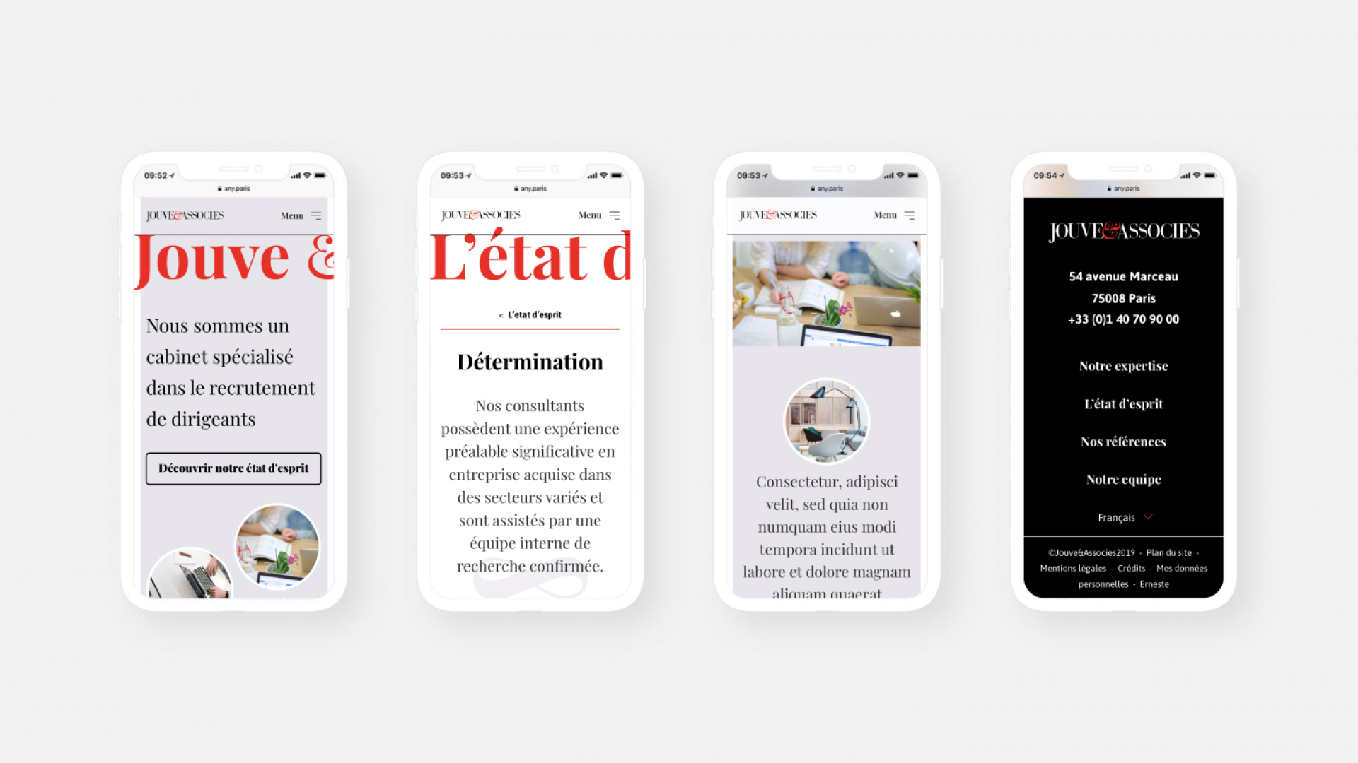 Visuel présentant quatre captures d'écran mobile du site Jouve & Associés. De gauche à droite : la page d'accueil, la page "L'état d'esprit – Détermination", une page de contenu avec visuels de bureau, et le footer noir avec les coordonnées parisiennes du cabinet et la navigation. Design épuré en rouge, noir et blanc. Réalisation : Amélie Poirier.