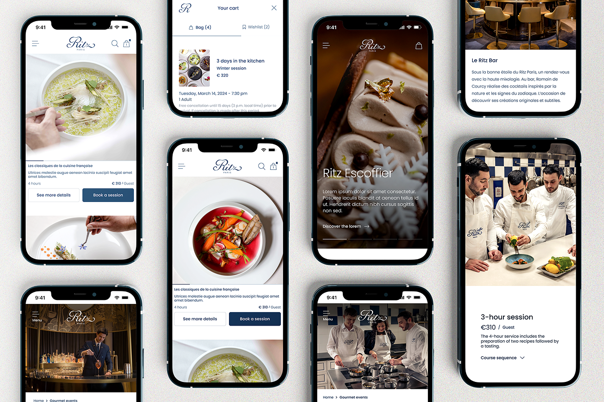Visuel présentant huit captures d'écran mobile de l'application du Ritz Paris disposées en mosaïque. Les écrans affichent des pages de réservation de cours de cuisine, un panier d'achat, la page Ritz Escoffier, le Ritz Bar, des visuels gastronomiques et une brigade de cuisine. Design luxe en bleu marine, or et blanc. Réalisation : Amélie Poirier.