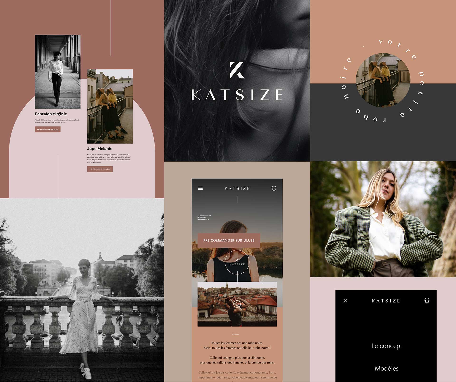 Moodboard complet du projet Katsize — identité de marque, pages produits, version mobile et photographie mode sur palette rose poudré, terracotta et anthracite