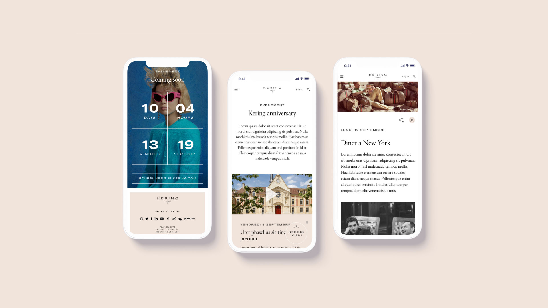 Visuel présentant trois captures d'écran mobile du site du groupe de luxe Kering sur fond beige. De gauche à droite : une page "Coming Soon" avec compte à rebours sur fond bleu, la page événement "Kering Anniversary" avec visuel de château, et un article "Dîner à New York" avec visuels de bagages et portrait noir et blanc. Design luxe en typographie serif crème et noir. Réalisation : Amélie Poirier.